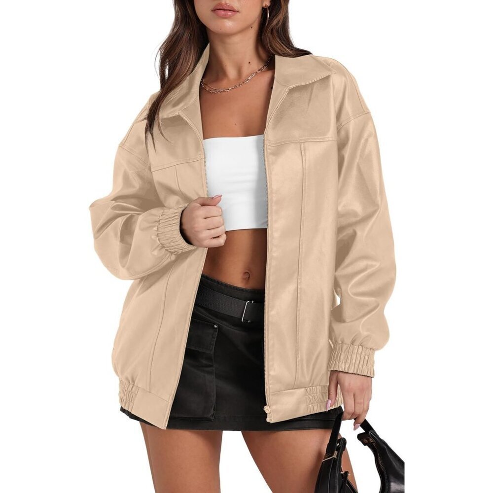 Women Faux Leather Jacket Oversized Apricot Bomber Coat Fall Winter Outfits